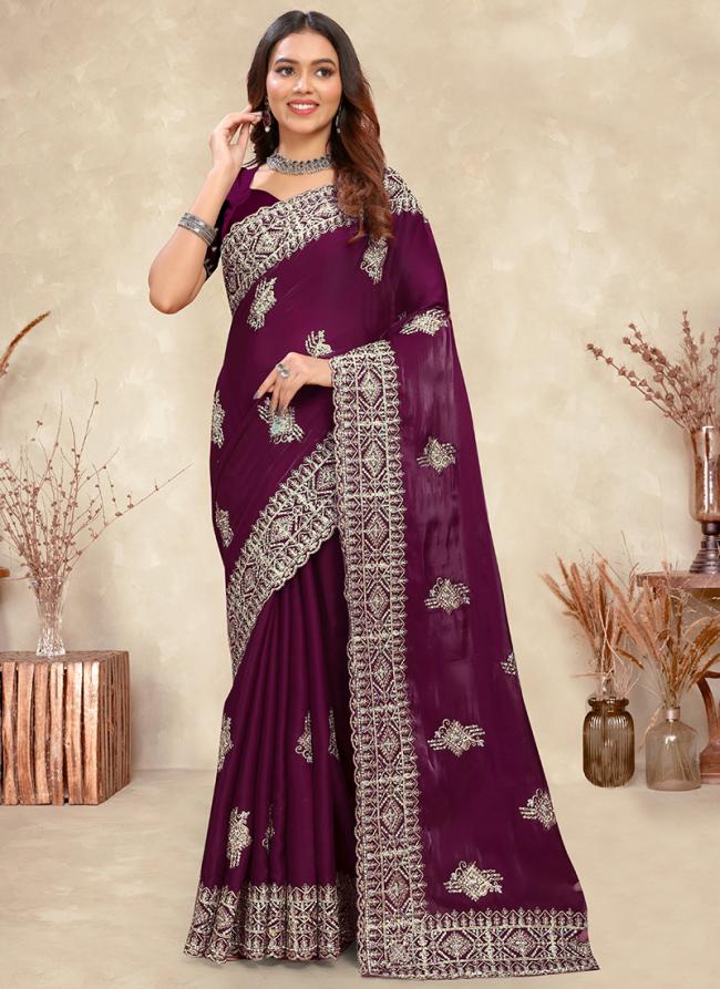 Crepe Silk Wine Wedding Wear Coding Work Saree